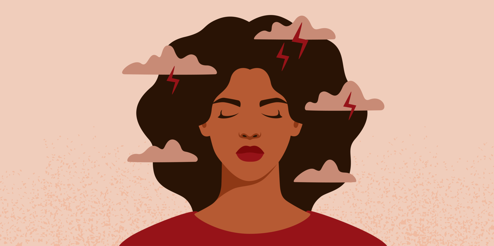 Illustration of a woman with clouds and lightning around her head, symbolizing stress or contemplation.